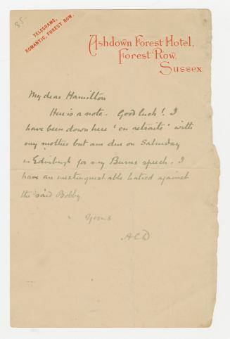 Manuscript letter in Arthur Conan Doyle's handwriting. 