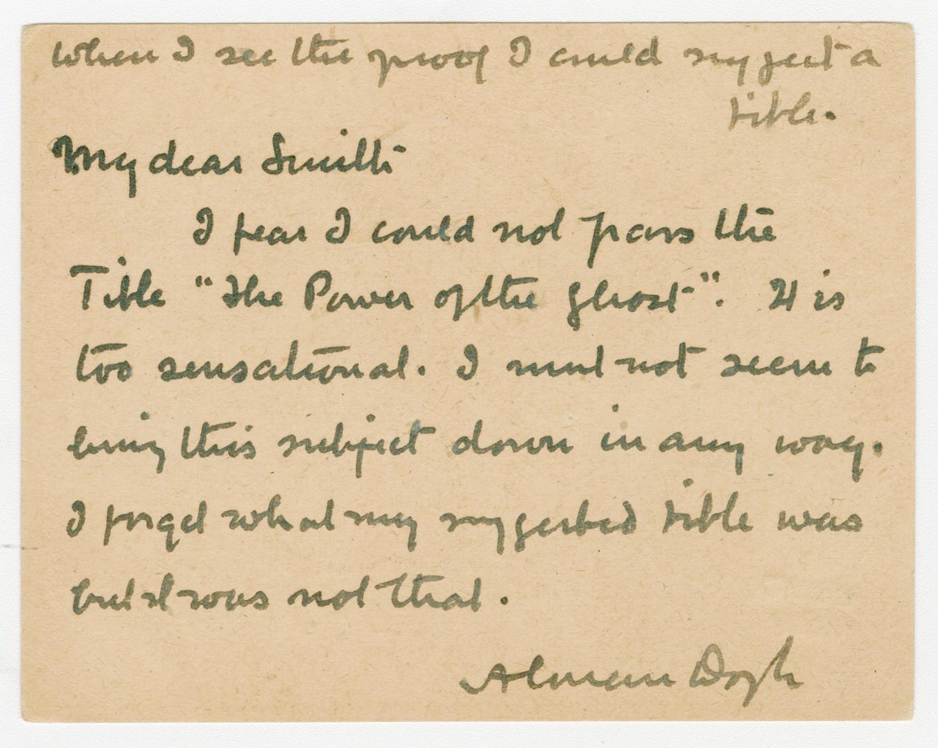 Manuscript postcard in Arthur Conan Doyle's handwriting. 