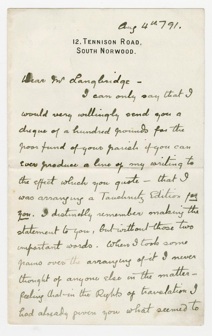 Manuscript letter in Arthur Conan Doyle's handwriting. 