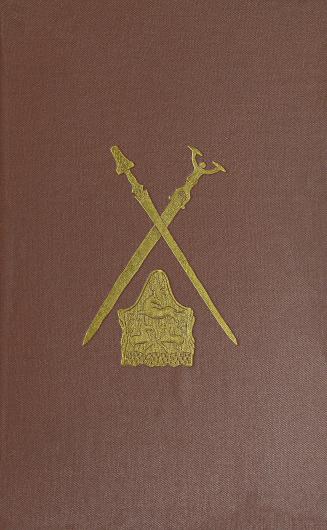 Dark brown cover with gold embossing. Embossed image shows a pair of crossed swords above a shi…