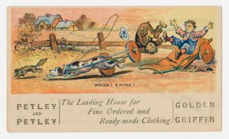 Colour trade card advertisement depicting an illustration of children on a broken cart being pu…