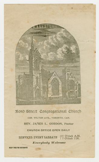 Engraved illustration of the exterior of the church. There are people walking in the street in …