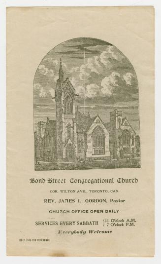 Engraved illustration of the exterior of the church. There are people walking in the street in …