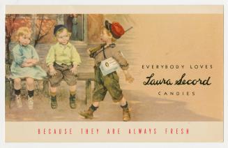 A little boy and girl sit on a wooden bench watching another boy who is marching by pretending …