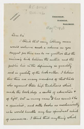 Manuscript letter in Arthur Conan Doyle's handwriting. 