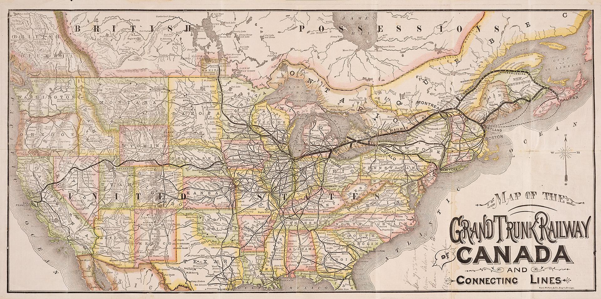 Folded two sided map. One side is a map of the mainland United States and southern Canada showi ...