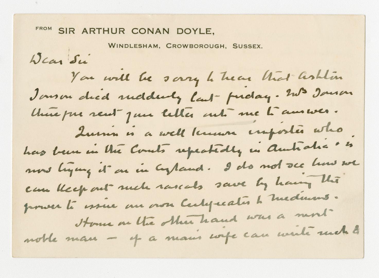 Autograph letter in Arthur Conan Doyle's handwriting. 