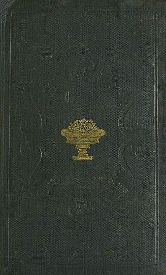 Book cover: dark green cloth stamped in gold with decorative urn full of flowers.