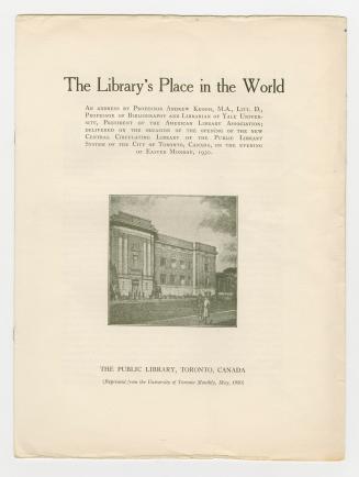 Address given on opening of library with black and white drawing of the library on front cover.…