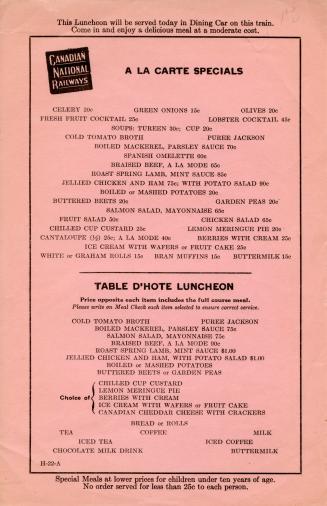 Menu for Canadian National Railways in train dining options from 1955. Canadian National Railwa ...