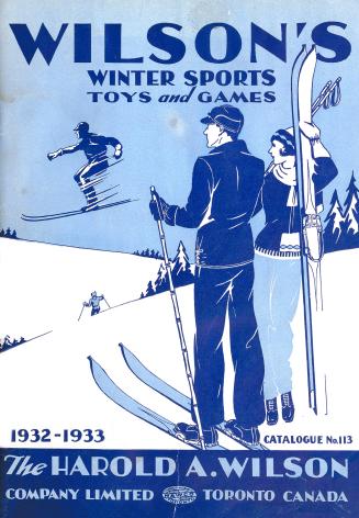 Cover has illustration of winter scene on ski slopes, in blue and white. Two people with ski ge…