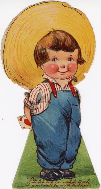 A mechanical card. A boy in a large straw hat holds a card with hearts behind his back. His fac…