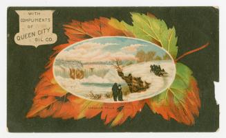 Winter scene at Niagara Falls. There are two people walking along, and people being pulled in a…