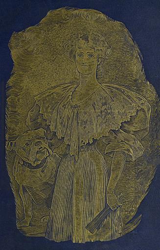 Dark blue book cover mostly occupied by a very detailed illustration in gold. A woman in a Vict…