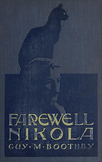 Blue cloth cover with text in cream. The profile of a man with a mustache emerges from a dark b…