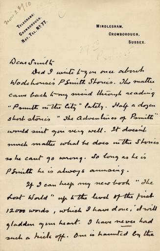 Letter to A.C. Doyle's editor, [Herbert Greenhough] Smith, in which Doyle makes references to W…