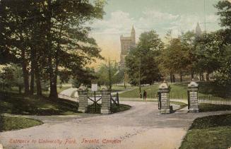 Colorized photograph of an open gate in an iron rail fence. In the background are large, colleg ...