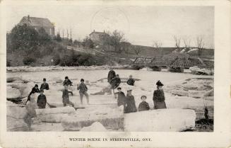 Many fancy dressed people standing in front of block of ice on a beach in front of two houses.