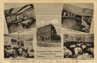 Black and white photographs of interior of a three story, brick meeting hall.