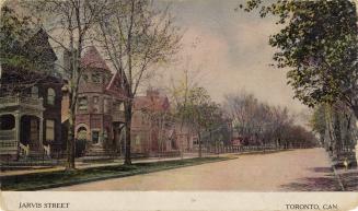 Colorized photograph of a tree lined city street.