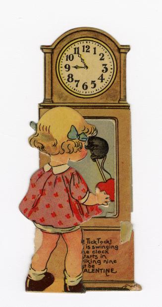 A young girl stands in front of a gradfather clock. Inside the clock is a heart-shaped pendulum…