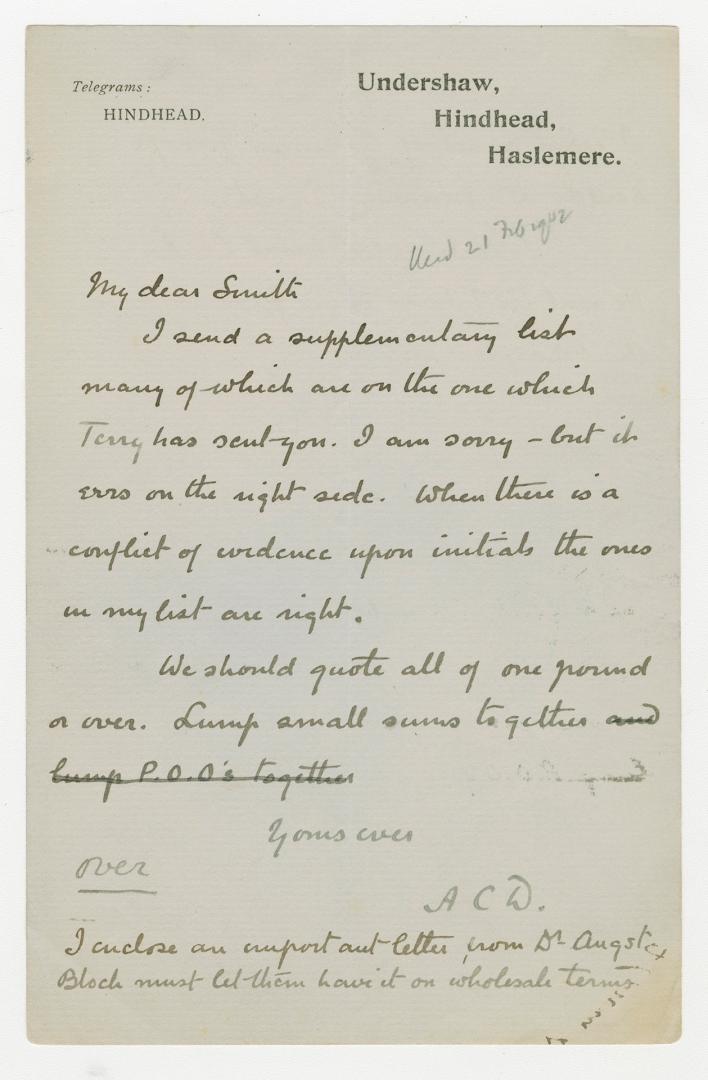 Manuscript letter in Arthur Conan Doyle's handwriting. 