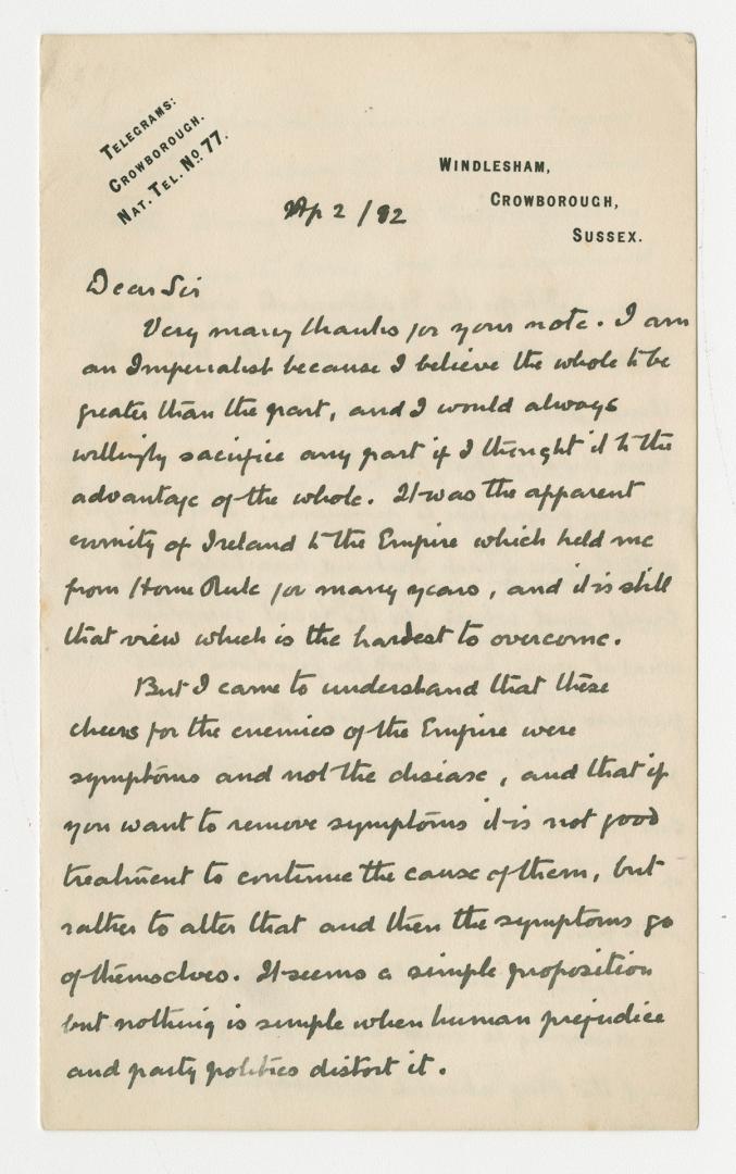 Manuscript letter in Arthur Conan Doyle's handwriting. 