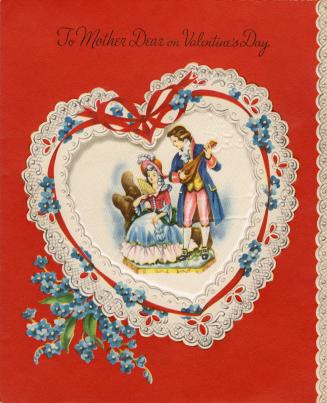 At the centre of the card is a silk insert. It pictures a man and woman in fancy, period outfit…