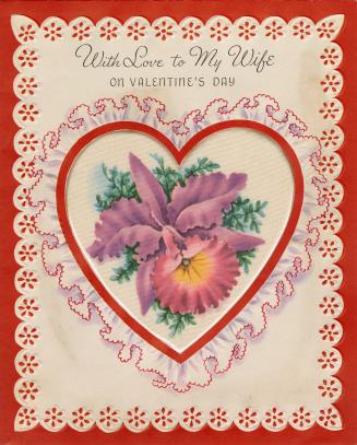 At the centre of the card is a heart-shaped silk insert. It pictures a purple and pink flower. …