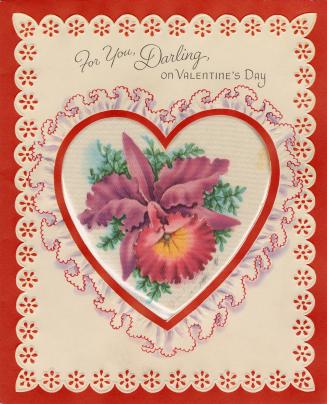 At the centre of the card is a heart-shaped silk insert. It pictures a purple and pink flower. …