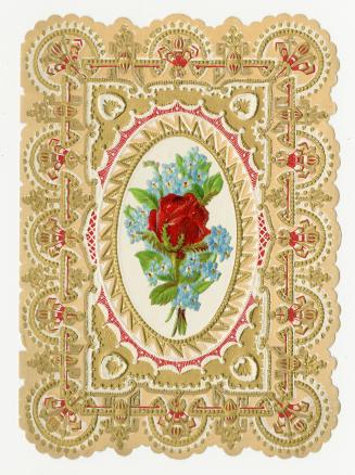 A single large red rose sits at the centre of a bouquet of small blue flowers. They are framed …