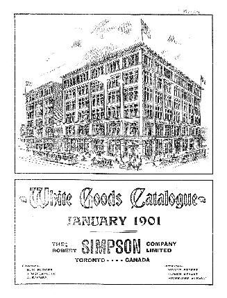 Black and white illustration of large department store building, including street scene with ho…