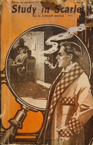 Orange monochrome pictorial paper cover showing Holmes with pipe against the background of a ma…