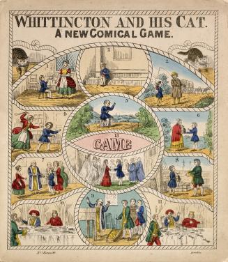 Game board with various illustration detailing the story of Dick Whittington 