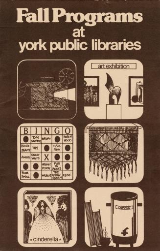 Brown cover with six images of library activities. 